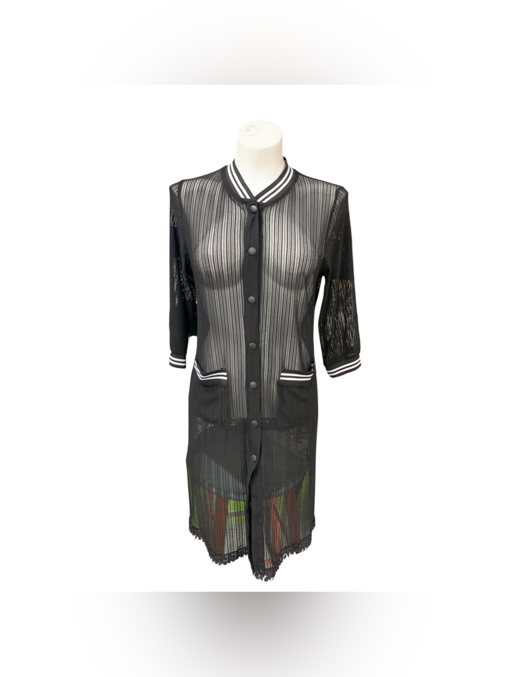 Aeroplane Sheer Black Button-Front Long Robe with Contrast Trim Size S